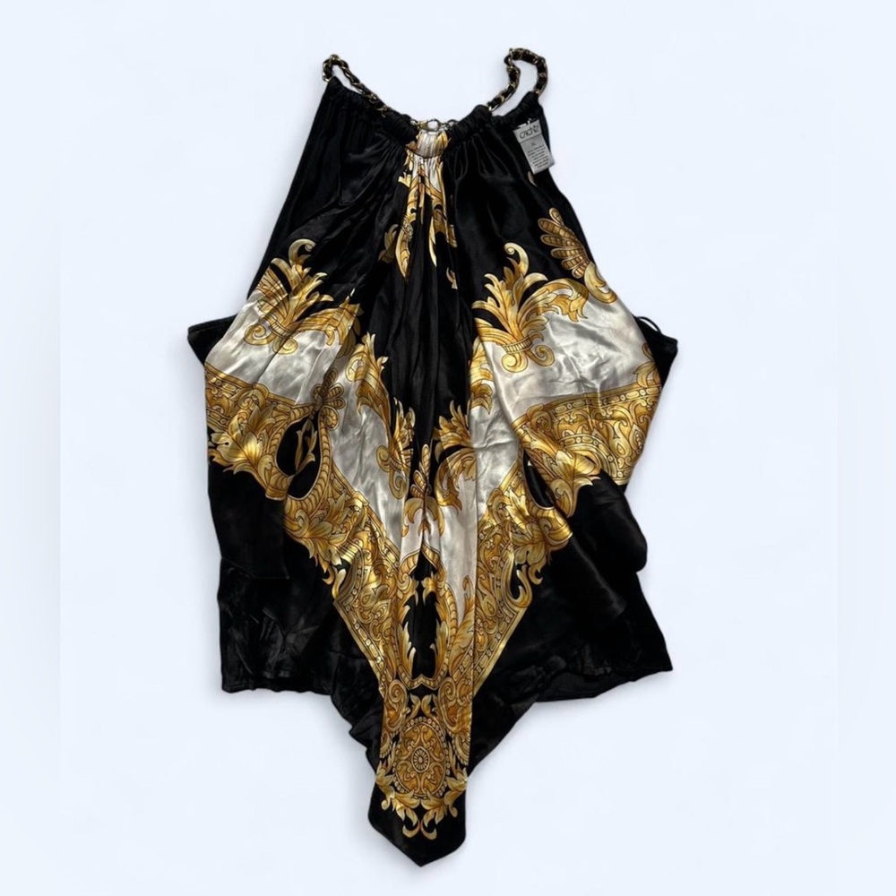 Cache Vintage Y2K Silk Scarf Halter Chain Top in Black/Gold Size XL